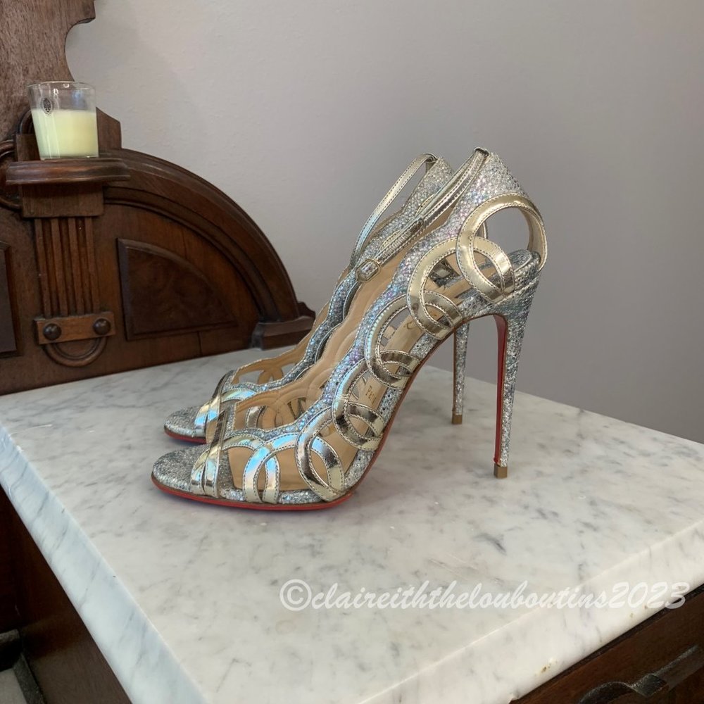 Christian Louboutin Houla Hot 100 Silver Specchio Ankle Strap Heels size 37.5